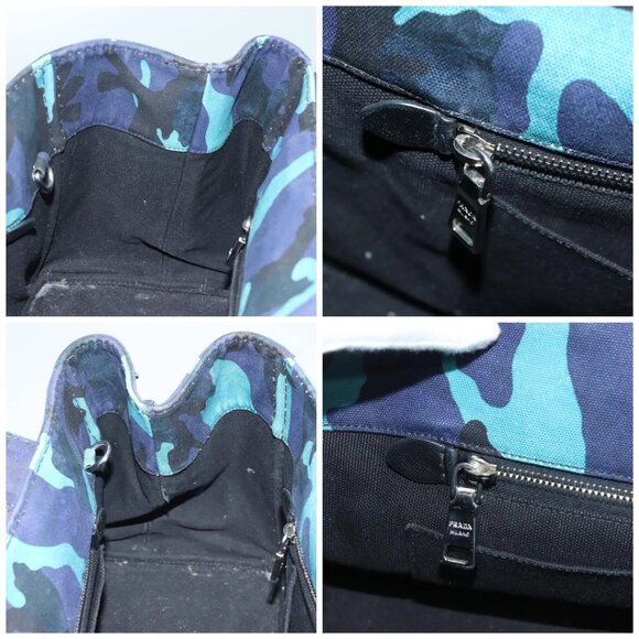PRADA Canapa MM Hand Bag Canvas Blue Silver Camouflage Auth - Picture 13 of 15